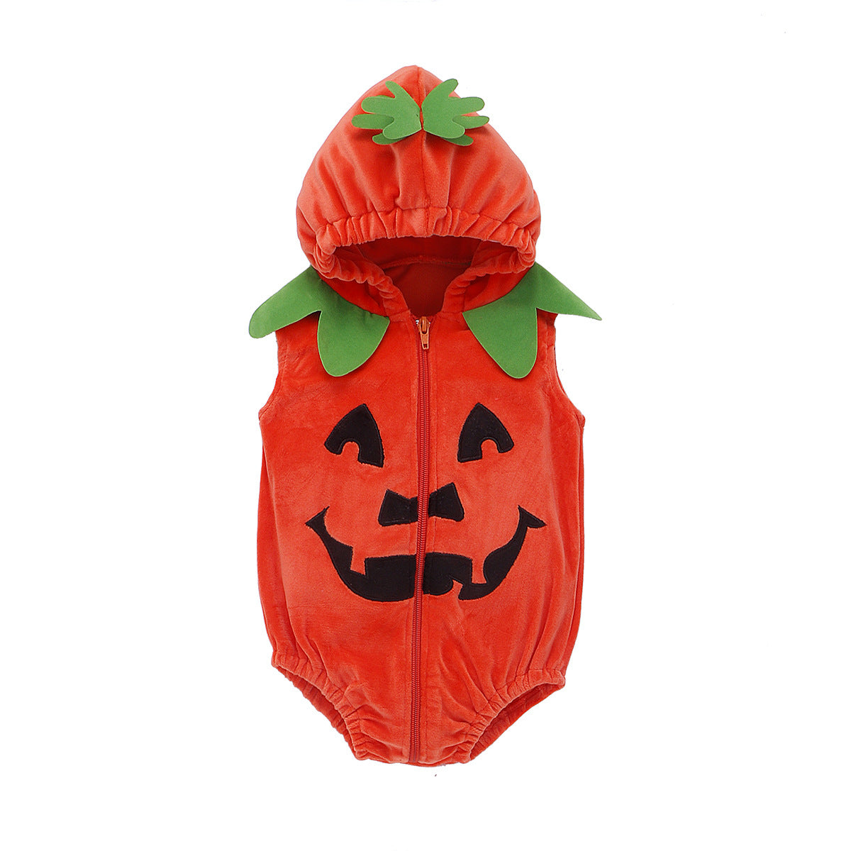 Orange pumpkin-themed baby romper with a smiling jack-o'-lantern face, green leaf accents, and a hood. The romper is sleeveless and zip-up, made of soft fabric.