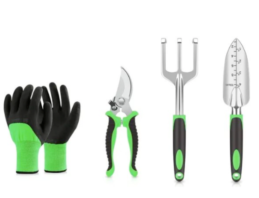 A set of gardening tools including black and green gloves, pruning shears, a hand rake, and a trowel with a measurement scale, all with green and black handles.