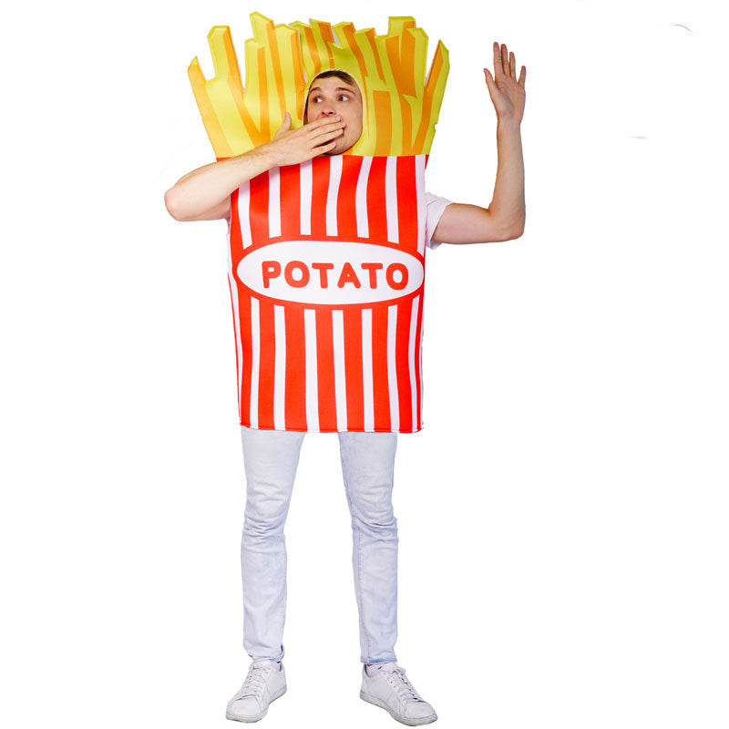 Person in a large French fries costume, with red and white stripes, labeled "POTATO." They are wearing white pants and shoes, gazing upwards with hand on mouth.