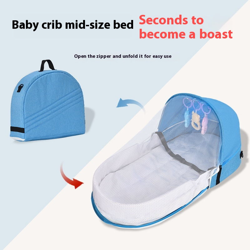 Blue portable baby crib unfolds from a zippered case into a bed with a mesh cover and hanging toys. Text reads "Baby crib mid-size bed. Seconds to become a boast."