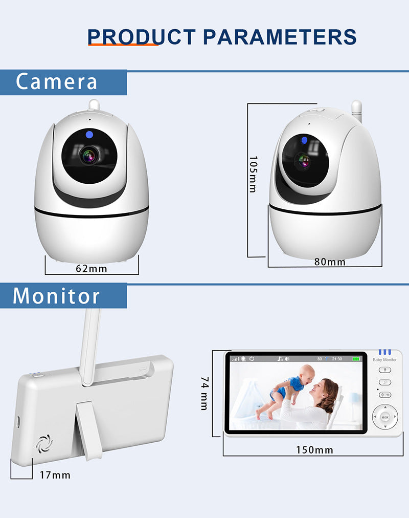 Product dimensions for a camera and monitor. Camera: 62mm wide, 105mm tall. Monitor: 150mm wide, 74mm tall, 17mm thick. Monitor screen shows a baby and an adult.