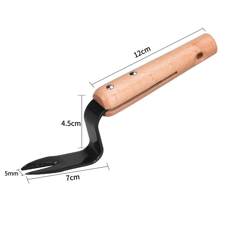 Wood-handled gardening tool with a metal fork tip. Measurements: handle 12cm, fork length 7cm, height 4.5cm, width 5mm. Designed for detailed weeding work.