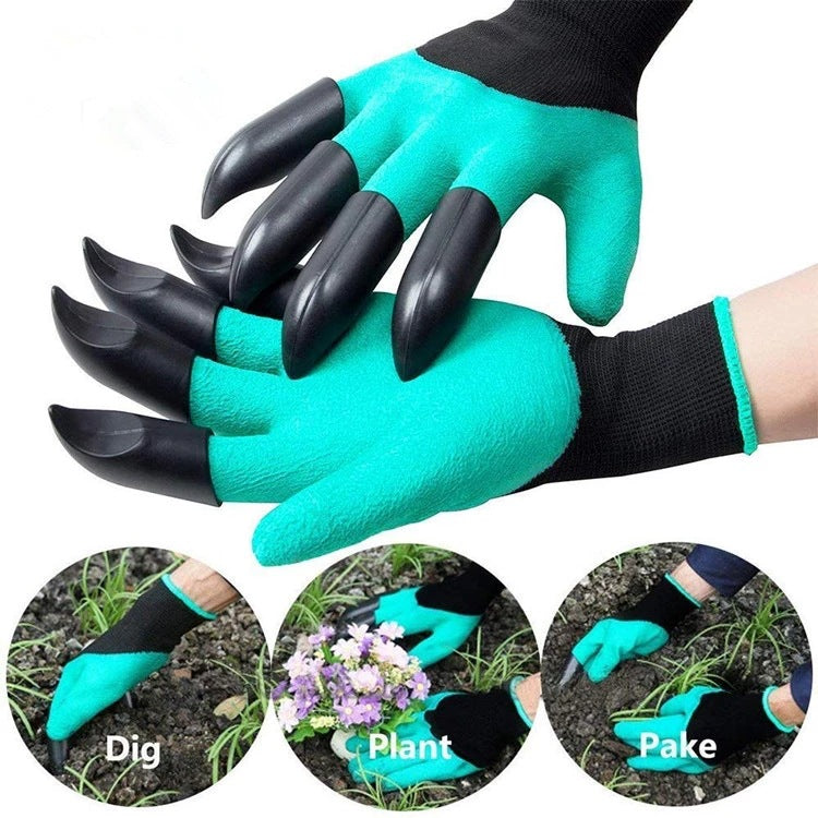 Green gardening gloves with claw-like tips are shown. They are used for digging, planting, and raking soil, depicted in three circular images below the gloves.