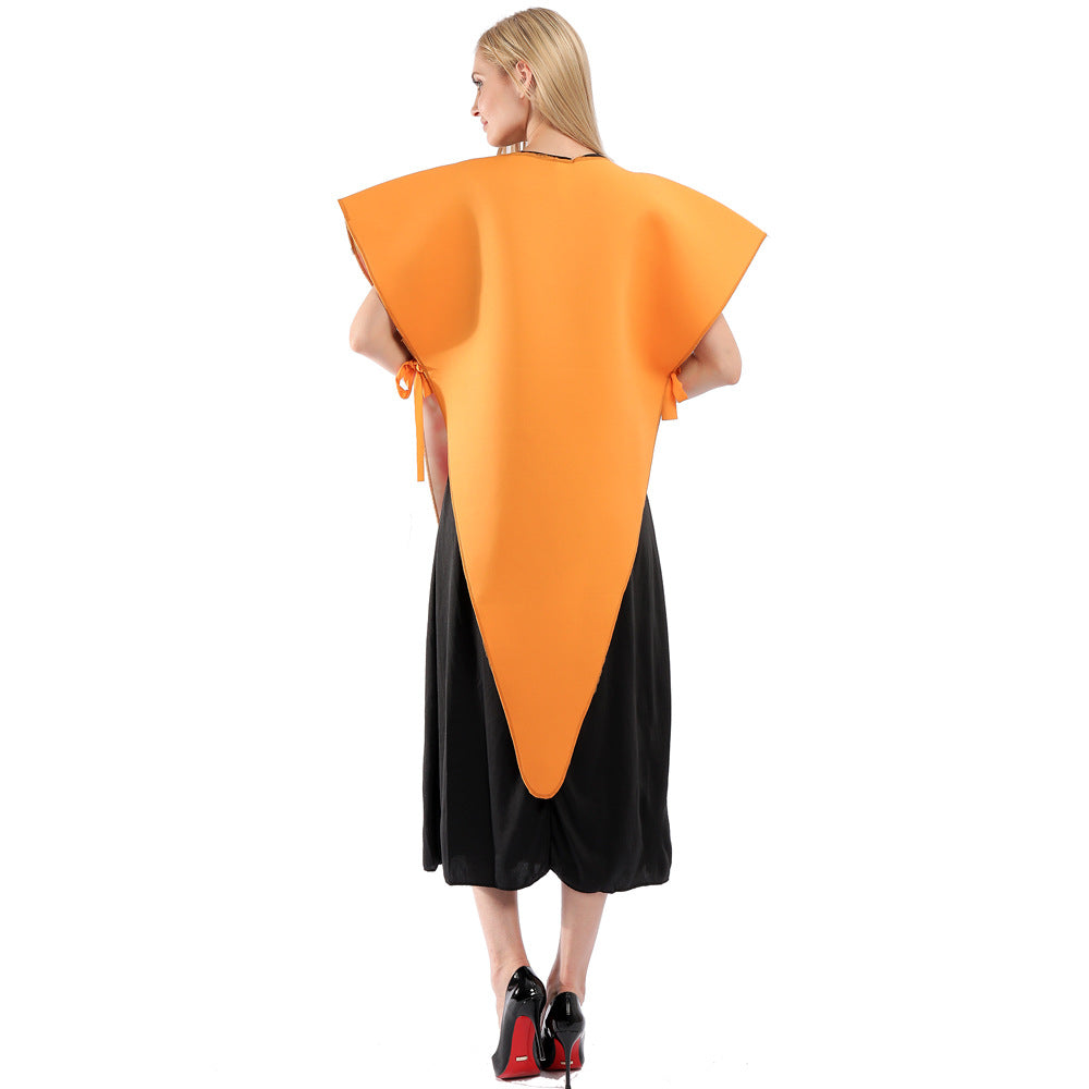 A person stands facing away, wearing a carrot costume with a bright orange, triangular top resembling a carrot shape over a black outfit. The model has blonde hair and is standing on high-heeled black shoes. The background is plain white, emphasizing the costume's vivid color.