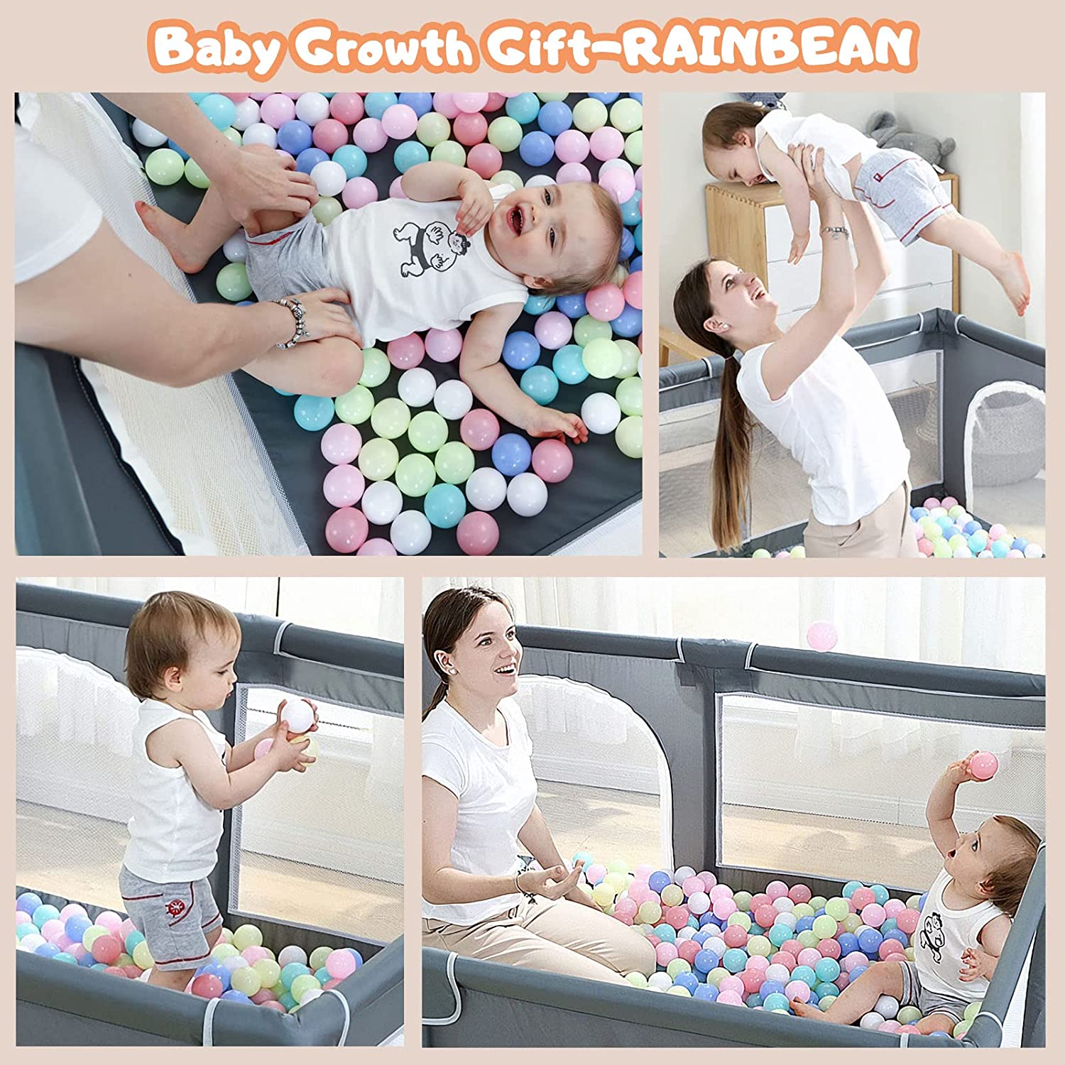 A mother and baby playing in a ball pit. The baby is surrounded by colorful balls, smiling and being lifted by the mother, who also sits in the playpen.