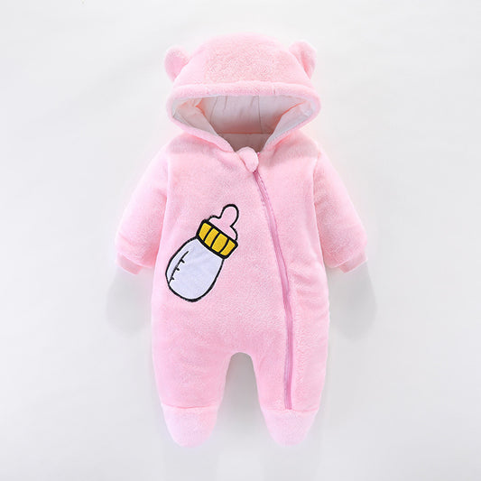 Pink baby onesie with a hood featuring bear ears and a large baby bottle design on the front. The onesie has a zipper closure and is made of soft, plush fabric.