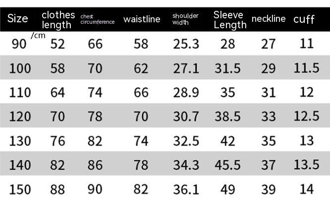 Size chart showing dimensions in cm for sizes 90 to 150. It includes clothes length, chest circumference, waistline, shoulder width, sleeve length, neckline, and cuff measurements.