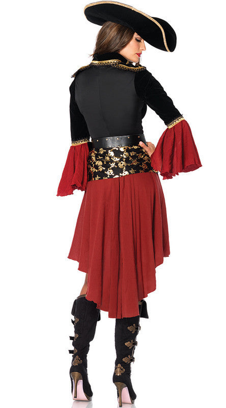 A woman in a pirate costume with a wide-brimmed hat, black jacket, red flared sleeves, and a red skirt. She also wears black boots with gold skull details.