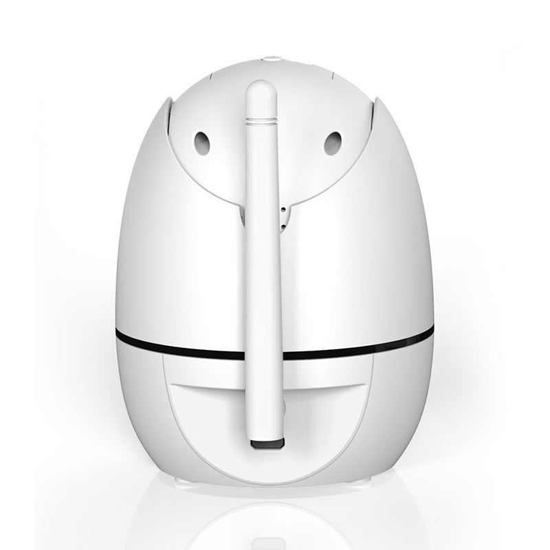 White, egg-shaped robot with a vertical antenna in the center and two circular elements resembling eyes. Smooth surface with a black horizontal line near the top.