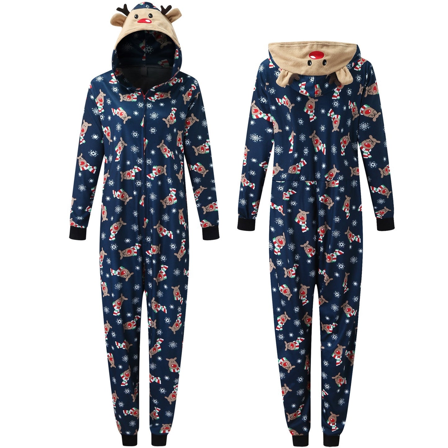 Navy blue adult onesie with reindeer and snowflake pattern, featuring a hood with reindeer face, antlers, and adorned in festive design. Front and back views shown.