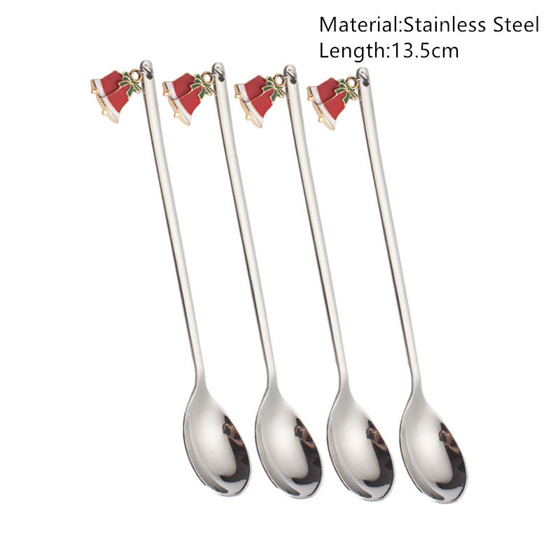 Four stainless steel spoons, each 13.5cm long, with red and gold bell decorations at the handle's end.