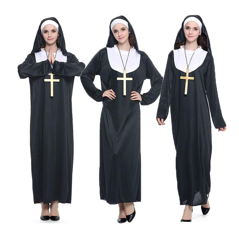 Three women in black nun costumes, each with a white collar and a large gold cross necklace. They strike different poses against a plain background, wearing black shoes.