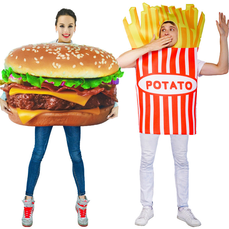 Two people in food costumes: one dressed as a hamburger with a sesame seed bun and toppings, the other as a red-striped container of fries labeled "Potato."