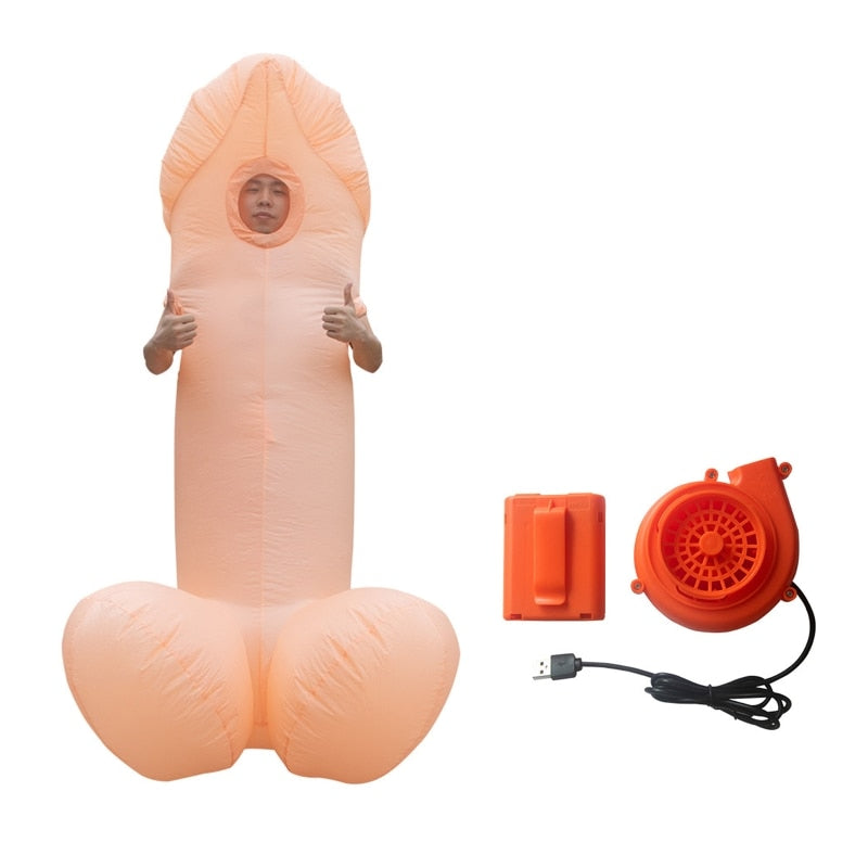 A person wearing an inflatable costume resembling a giant, exaggerated peach-colored shape. The costume includes a face hole and the person is giving thumbs up. Beside the costume is an orange inflation fan with a battery pack and USB cable. The background is plain white.