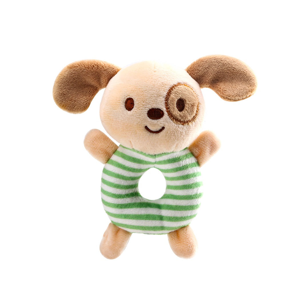 Plush toy shaped like a cute puppy with floppy ears, wearing a green-striped outfit with a circle cutout in the center. The toy is soft and round, set against a white background.