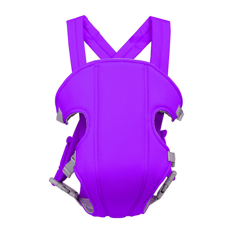 Purple baby carrier with adjustable straps and buckles, designed for ergonomic carrying. The carrier has a contoured shape for comfort and safety.