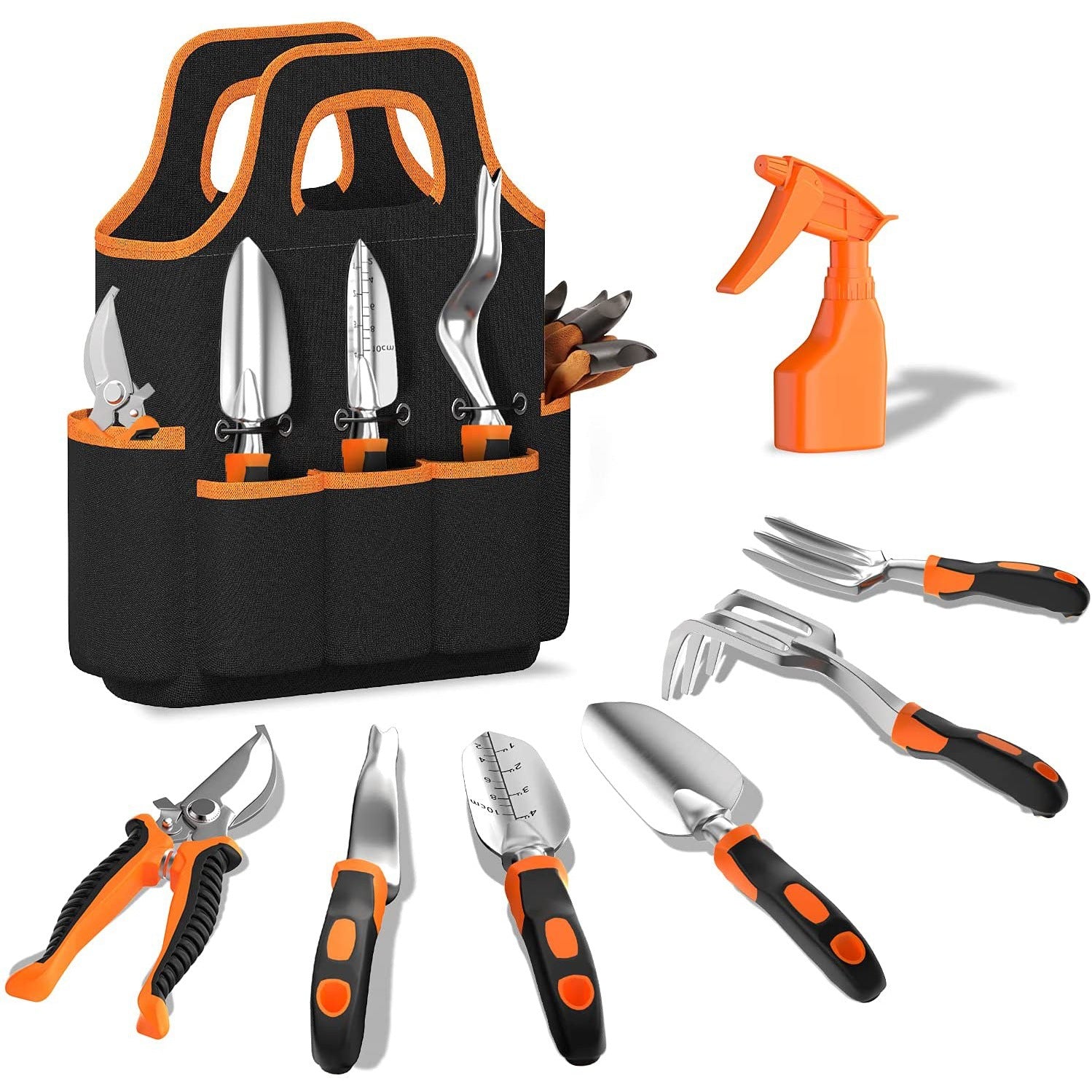 A garden tool set with black and orange accents includes a trowel, pruner, weeder, transplanter, fork, rake, spray bottle, and gloves, organized in a black carry bag.
