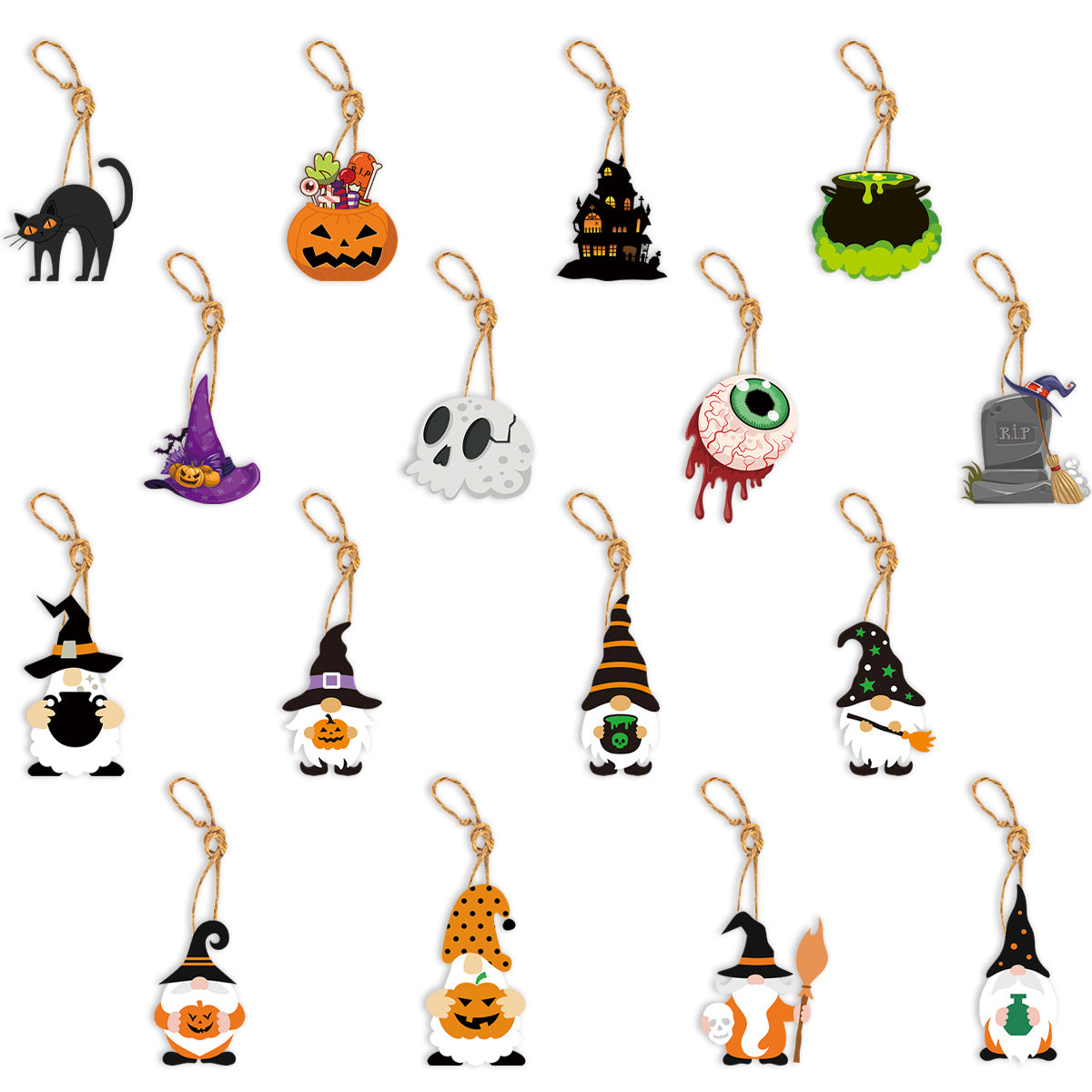 A collection of Halloween-themed keychains featuring various designs: a black cat, jack-o'-lantern, haunted house, green cauldron, purple witch hat, skull, bloody eyeball, tombstone, and gnome figures in witchy attire with hats and pumpkins. Each keychain is attached to a brown string loop.
