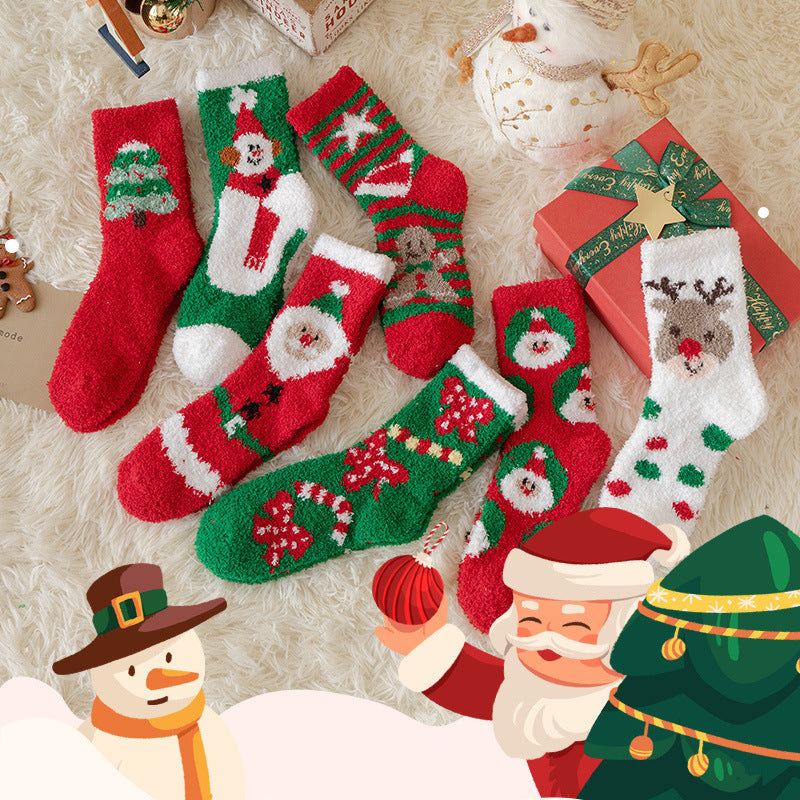 Assorted festive Christmas socks with Santa, reindeer, and snowman designs on a fluffy rug, surrounded by decorations, a gift box, and playful holiday illustrations.