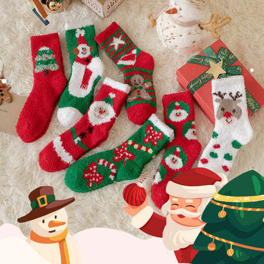 Assorted festive Christmas socks with Santa, reindeer, and snowman designs on a fluffy rug, surrounded by decorations, a gift box, and playful holiday illustrations.