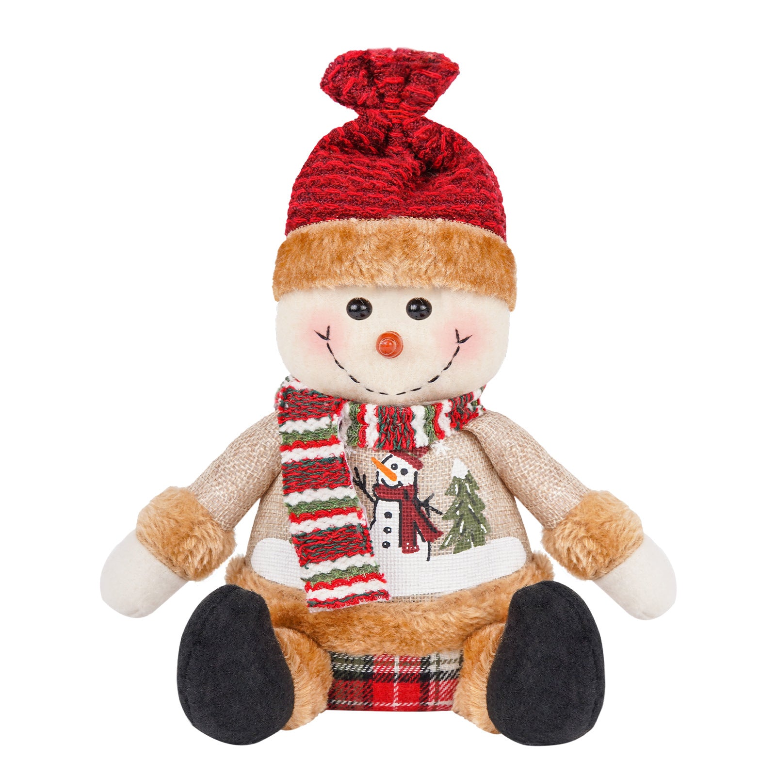 Plush snowman toy in a red knit hat, wearing a striped scarf and sweater with snowman and tree design. It has a cheerful smile, button eyes, and black feet, sitting upright.