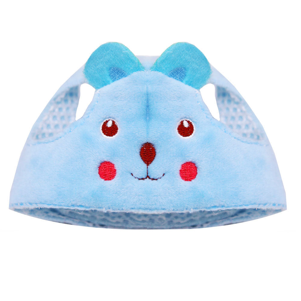 Blue plush bear face mask with embroidered eyes, nose, and smile, adorned with blue ears. The mask features side ventilation and a cute, friendly design.