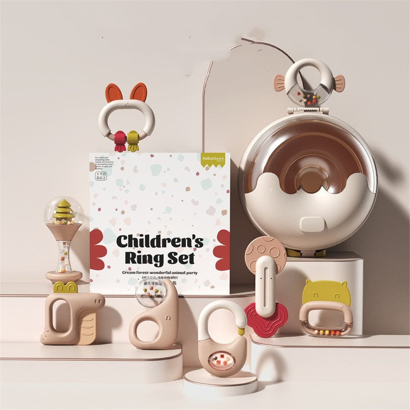 Children's ring set with cute animal designs displayed on a shelf. The box reads "Children's Ring Set" and features playful, pastel-colored toys with animal motifs.