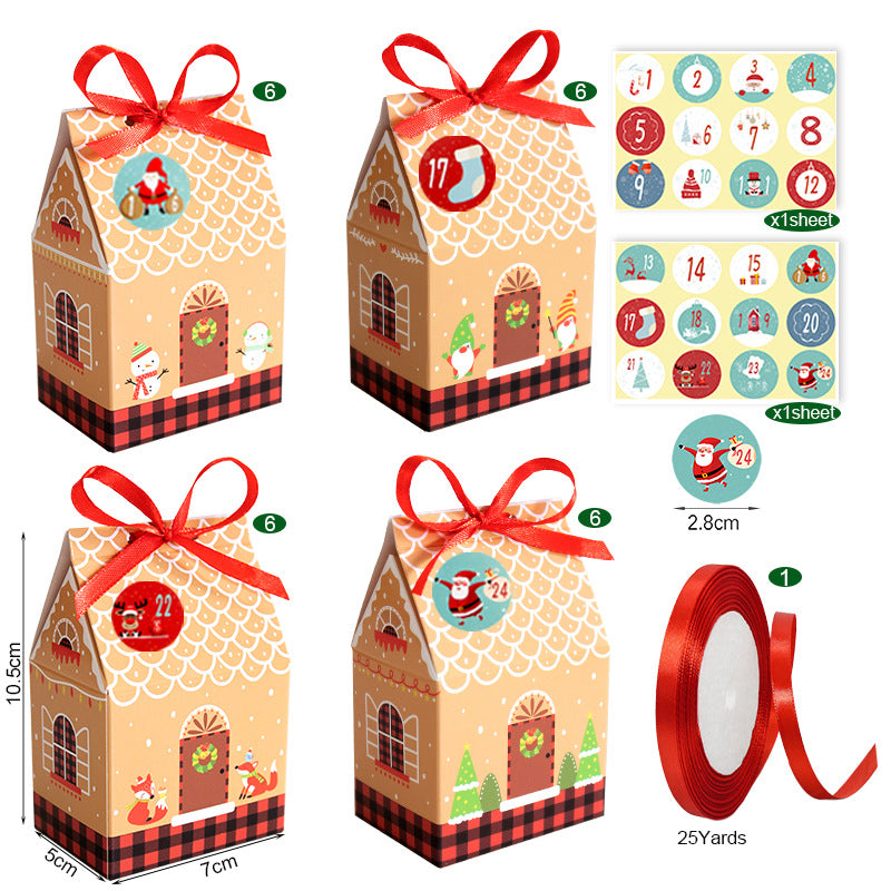 Gingerbread-style gift boxes with red ribbons, decorated with festive stickers. Includes two sticker sheets numbered 1-24, and a roll of 25 yards of red ribbon.