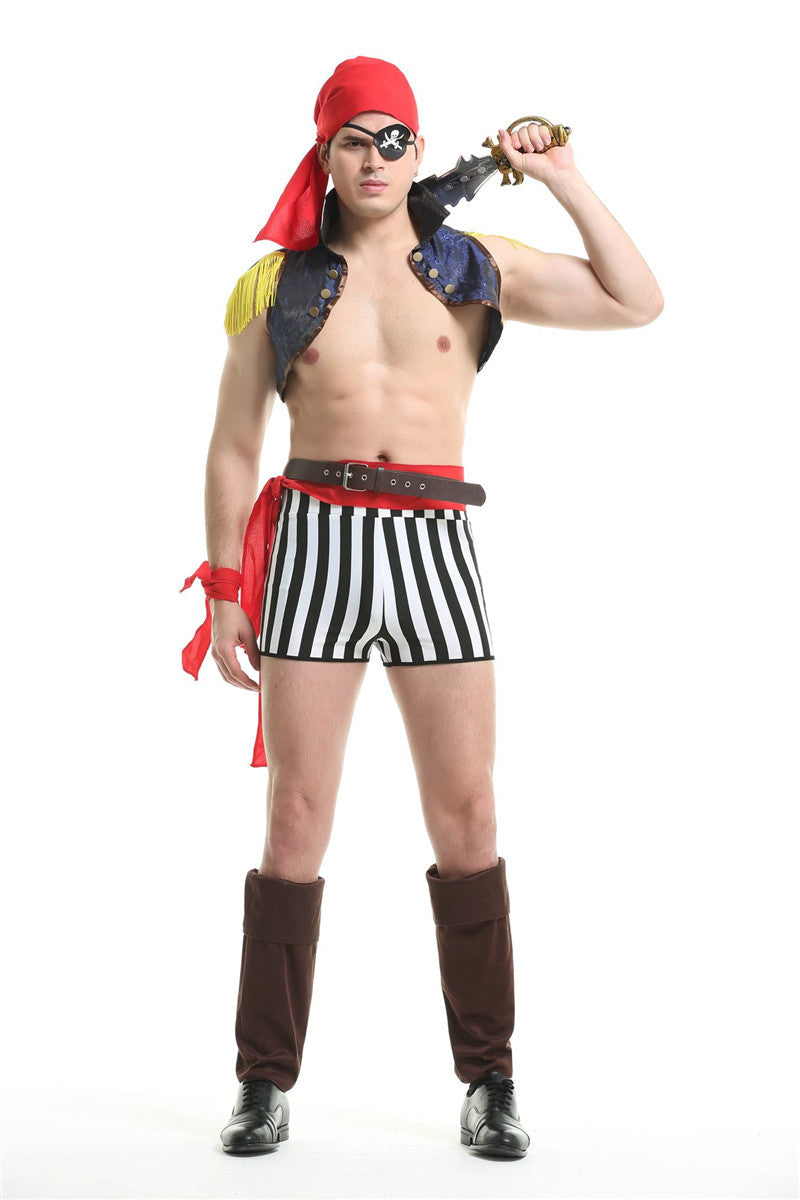 Man in a pirate costume with a red bandana and eyepatch holds a sword over his shoulder. He wears a blue vest, striped shorts, and brown boots.