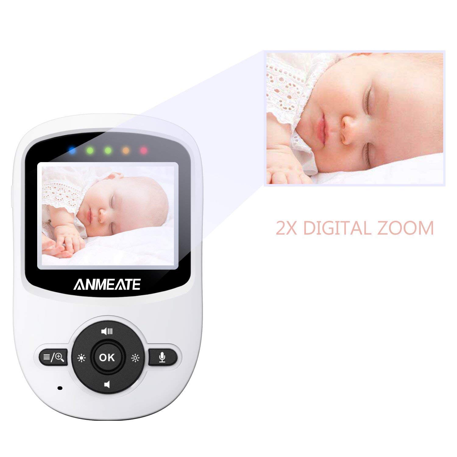 Baby monitor displaying a sleeping baby with 2X digital zoom. The screen shows the baby resting on a pillow, enclosed in a white device with control buttons.