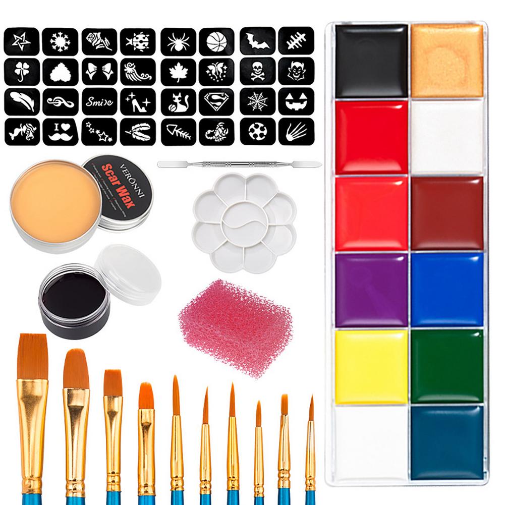 Face painting kit with 12 colorful paint squares, 10 brushes, stencils, sculpt wax, black makeup, sponge, palette, and a spatula for creative designs and effects.