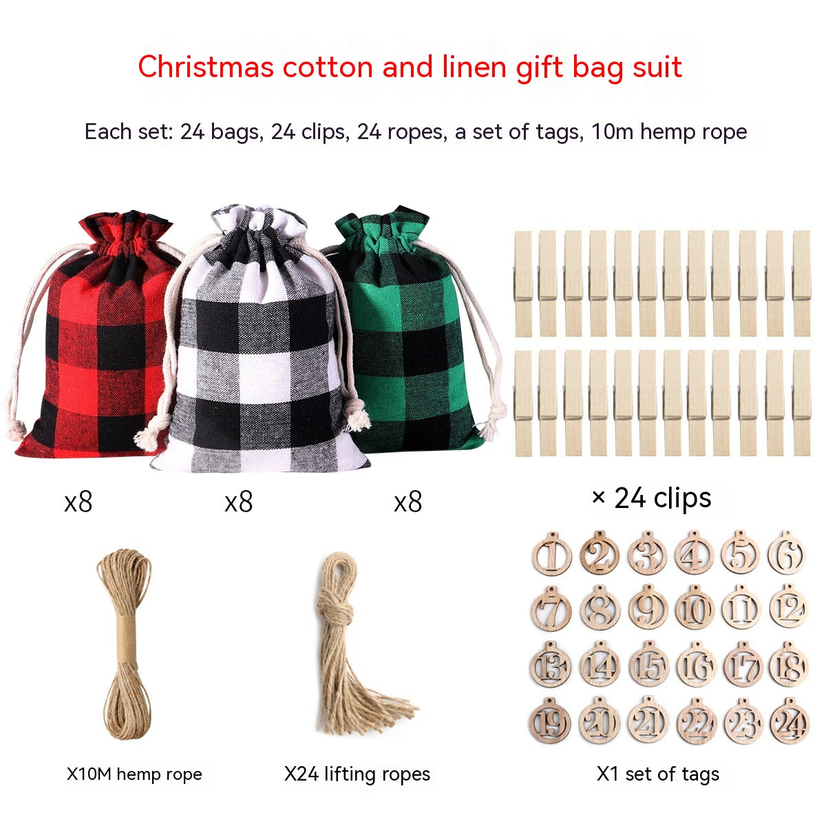Christmas gift bag set includes 24 plaid bags in red, black, and green, 24 wooden clips, 24 lifting ropes, a set of numbered tags, and 10m of hemp rope.