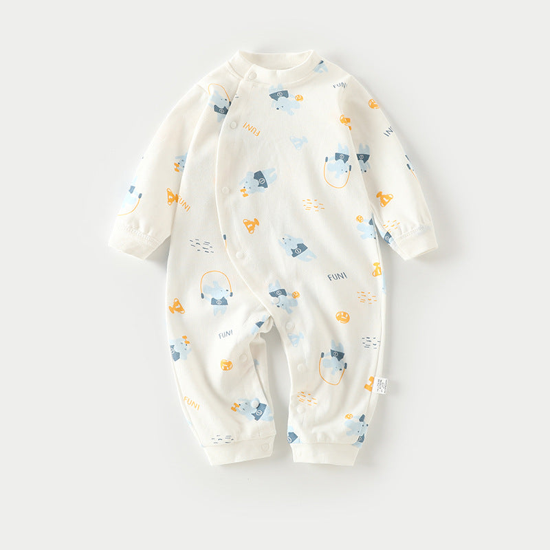 Baby onesie in white with blue and yellow dinosaur print, featuring playful designs and text on a soft fabric. It has snap buttons down the front for easy dressing.