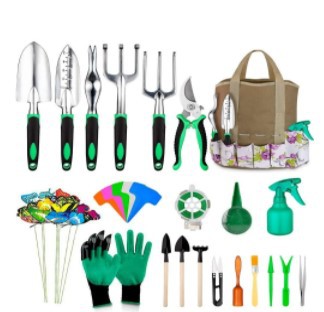 A comprehensive gardening tool set featuring hand tools, gloves, plant labels, and a watering sprayer, all arranged alongside a floral-patterned carrying tote.