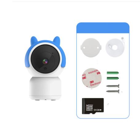 A small, white security camera with blue ears is shown next to its accessories: mounting tape, screws, a white cable, circular mount, and a 64 GB microSD card.