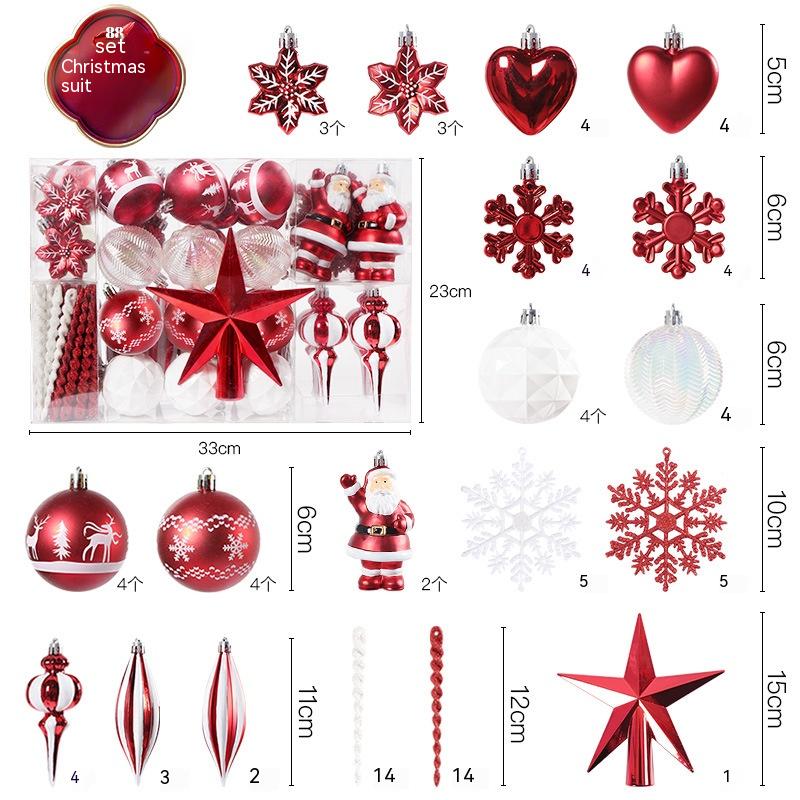 Christmas ornament set featuring red and white baubles, snowflakes, heart, candy canes, Santas, and a star. Includes sizes and quantities for each design.