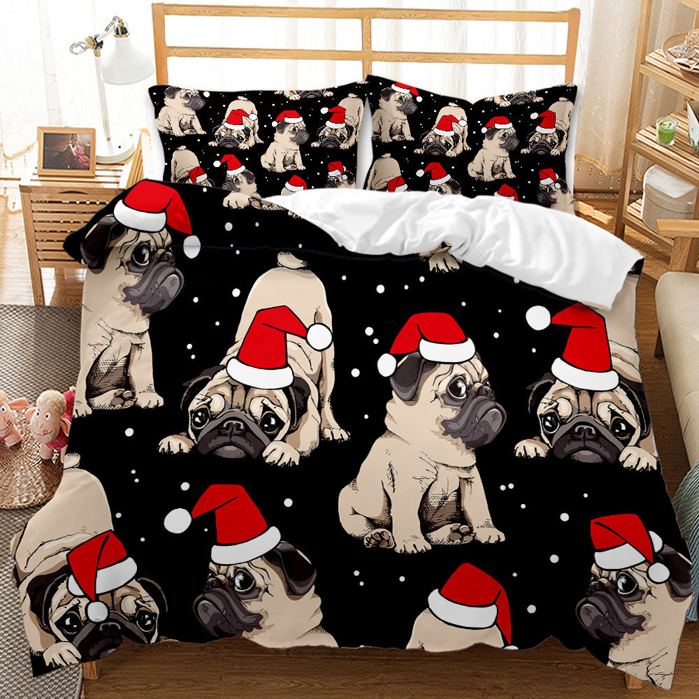 Bedding set with cute pugs wearing Santa hats on a black background, featuring playful snow-like dots. The design covers a duvet and pillows on a wooden bed.