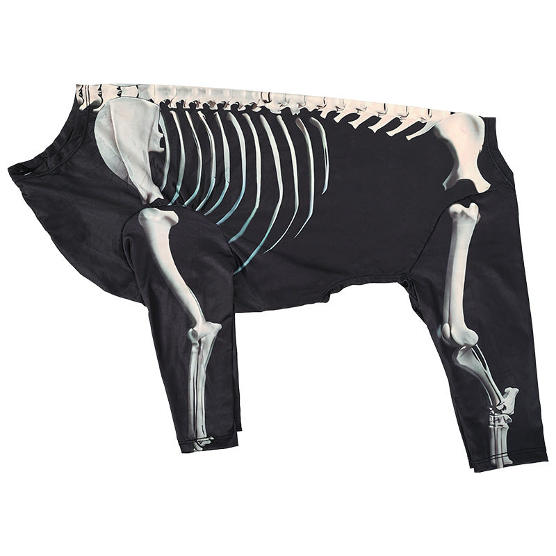 Dog costume with realistic printed skeleton design, featuring ribs and leg bones on a black fabric. The outfit is designed to fit snugly around the dog's body.
