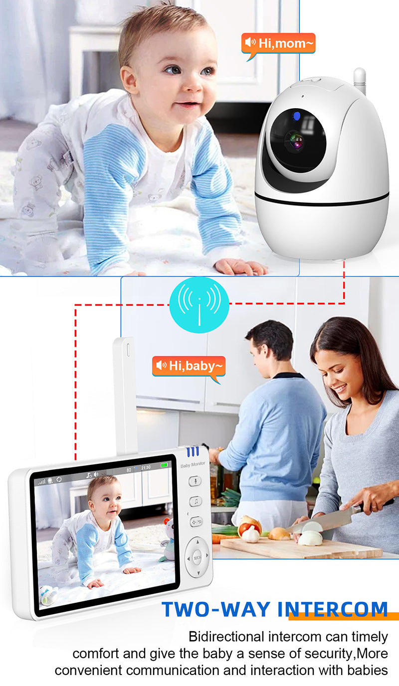 A baby crawling with a camera nearby says "Hi, mom." A screen below shows the baby, while parents in the kitchen, with "Hi, baby" speech bubble, demonstrate two-way intercom use.
