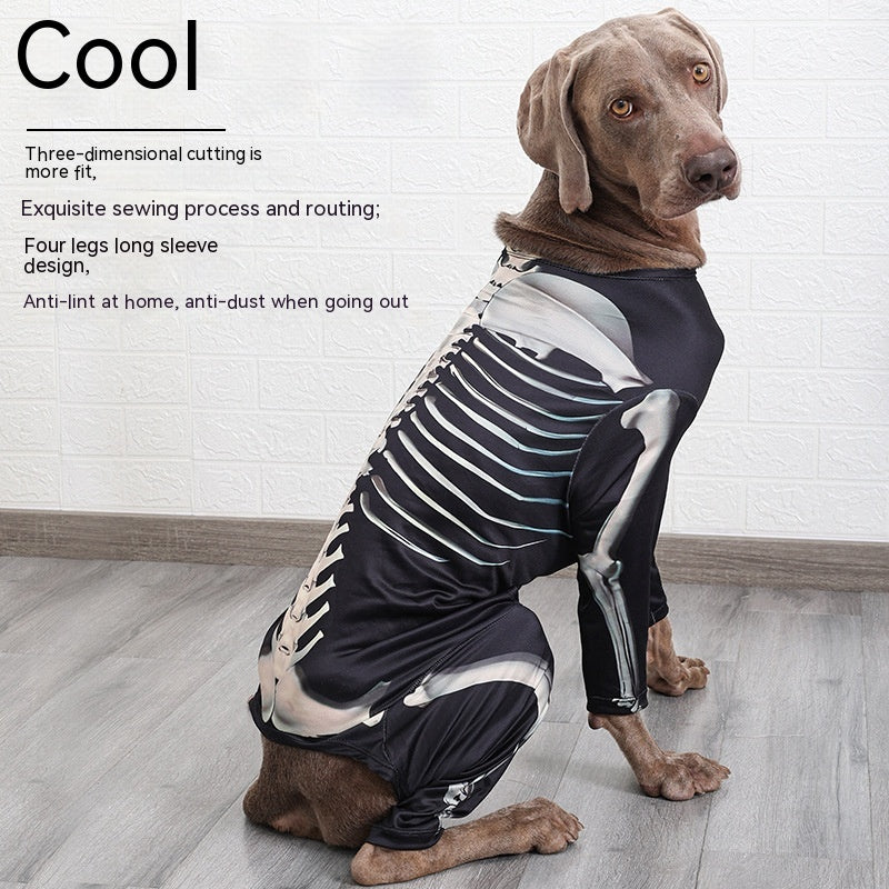 A dog wearing a black skeleton-print jumpsuit sits on a wooden floor against a white brick wall. The text highlights its fit, sewing quality, and protective features.