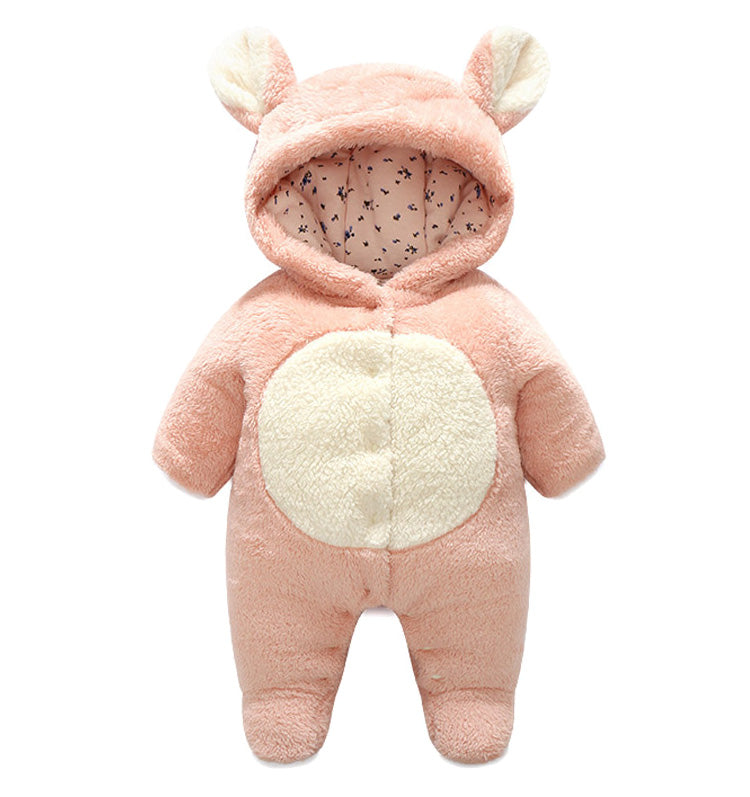 Soft, pink infant romper with a hood featuring bear ears and a white, fluffy belly patch. The inner lining is light pink with small black floral designs.