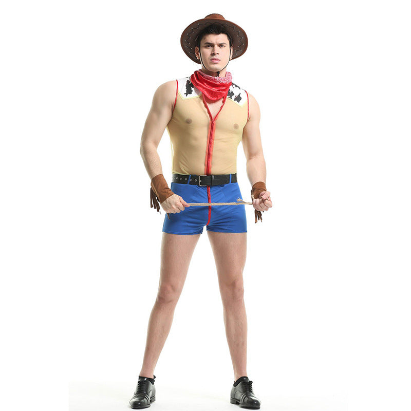 Man in a cowboy costume with a hat, red scarf, and gloves, wearing a tan vest and blue shorts, holding a rope, standing confidently against a white background.