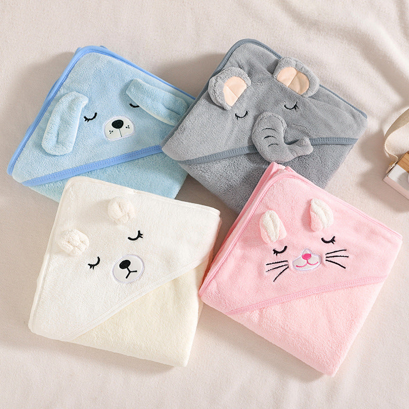 Four folded hooded baby towels with embroidered animal faces: blue dog, gray elephant, white bear, and pink bunny. Each towel has cute ears and closed eyes.