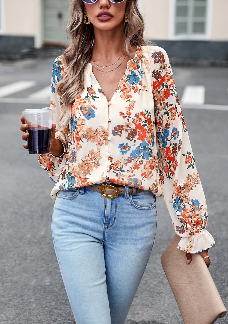 Floral V-Neck Chiffon Blouse