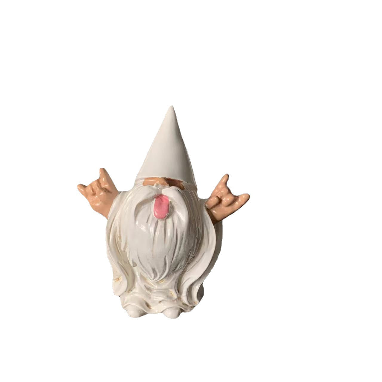 Whimsical garden gnome with a pointy hat and long white beard, sticking out its tongue and making a rock 'n' roll hand gesture.