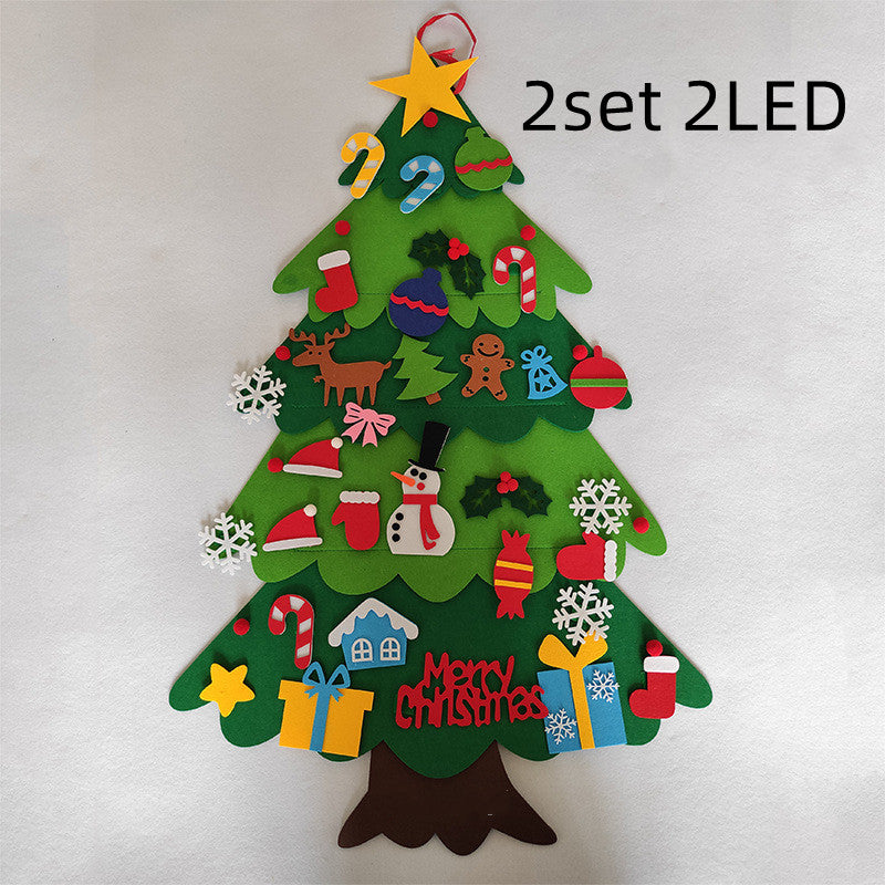A felt Christmas tree decorated with colorful ornaments including candy canes, snowflakes, a snowman, reindeer, and presents, topped with a star. Text reads "2set 2LED."