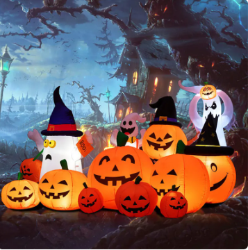 Inflatable Halloween decorations featuring jack-o'-lanterns with various expressions and ghosts wearing witch hats, set against a spooky background with an eerie house and twisted trees.
