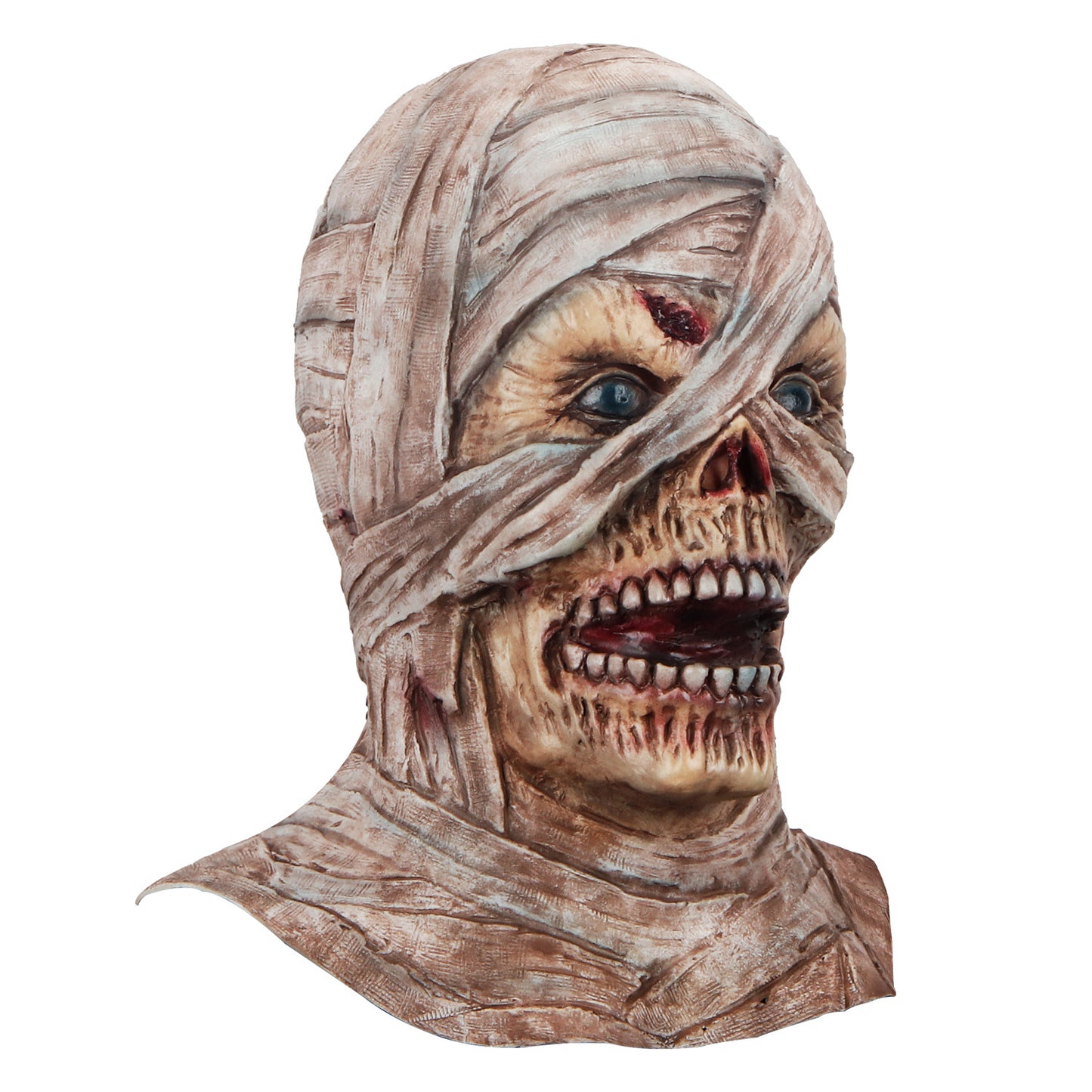 Realistic horror mask of a mummy with tattered bandages, exposed teeth, and decayed flesh. The eyes are wide open, giving an eerie expression.