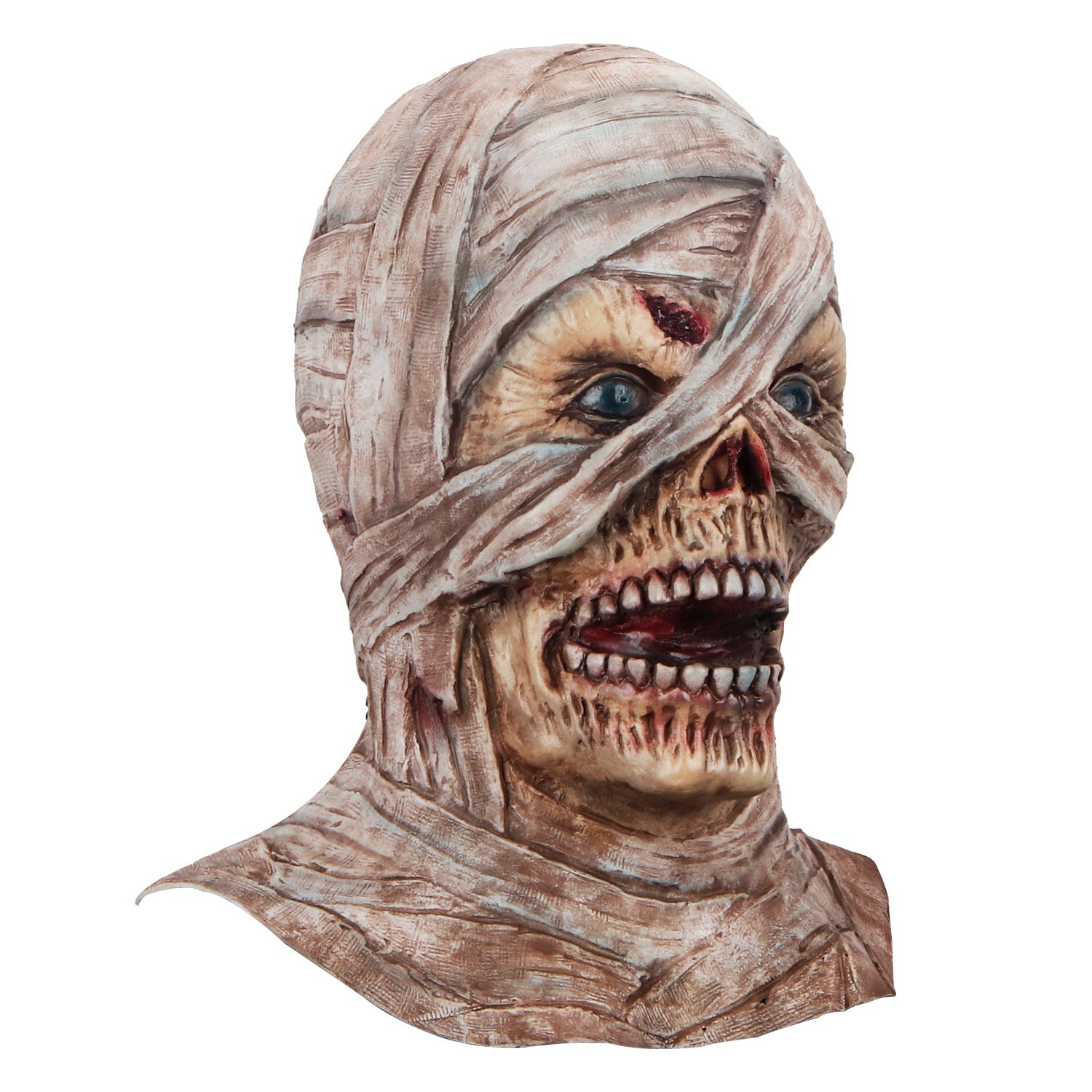 Realistic horror mask of a mummy with tattered bandages, exposed teeth, and decayed flesh. The eyes are wide open, giving an eerie expression.