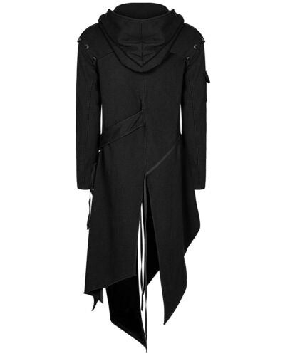 Black hooded coat with asymmetric, layered hem and shoulder details, featuring long sleeves and a belt-like strap across the back. Stylish and modern design.